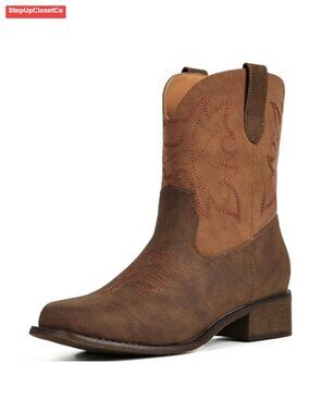 Women's Square Toe Western Ankle Boots Faux Leather